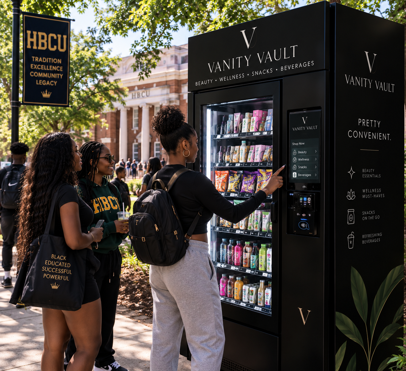 Students at a Vanity Vault machine on a college campus walkway