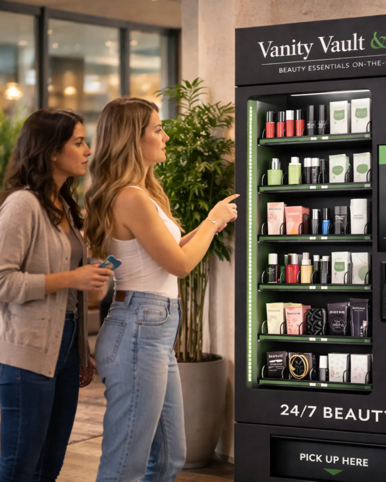 Two women at a Vanity Vault beauty machine in a lobby lounge