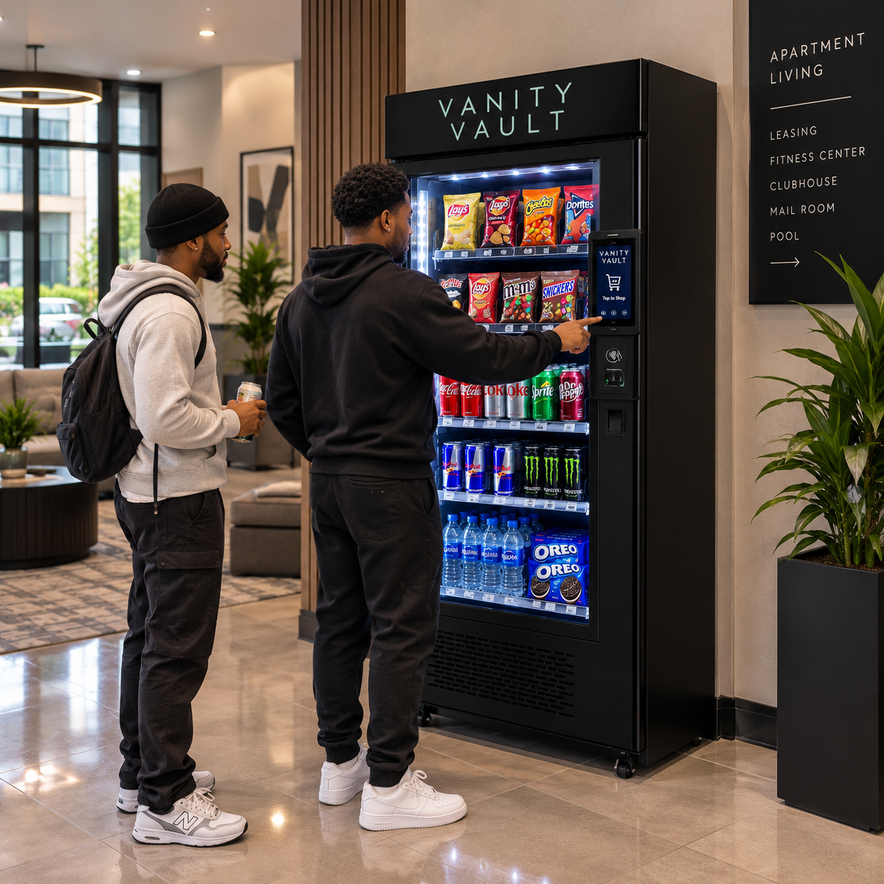 Two residents at a Vanity Vault machine in an apartment lobby lounge